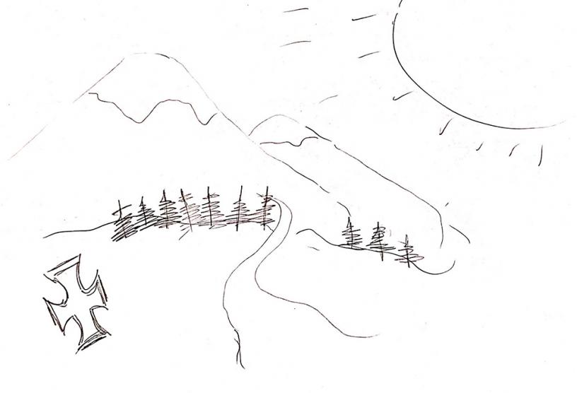 Drawing of mountains, sun, and cross
