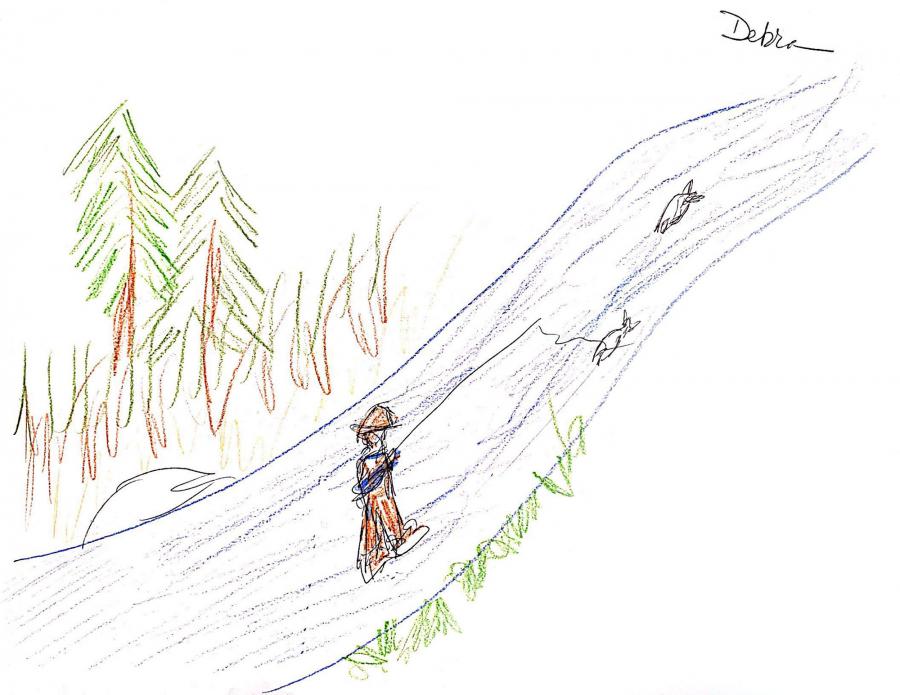 Drawing of woman flyfishing