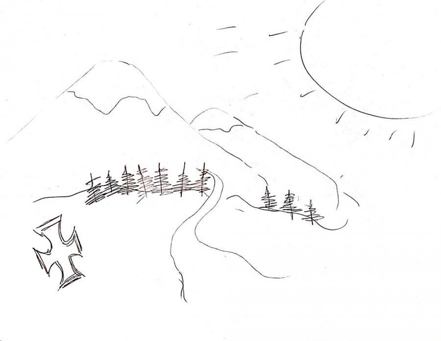 Drawing of mountains, sun, and cross