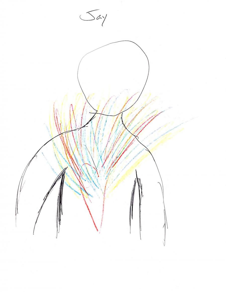 Drawing of person with colors coming from heart