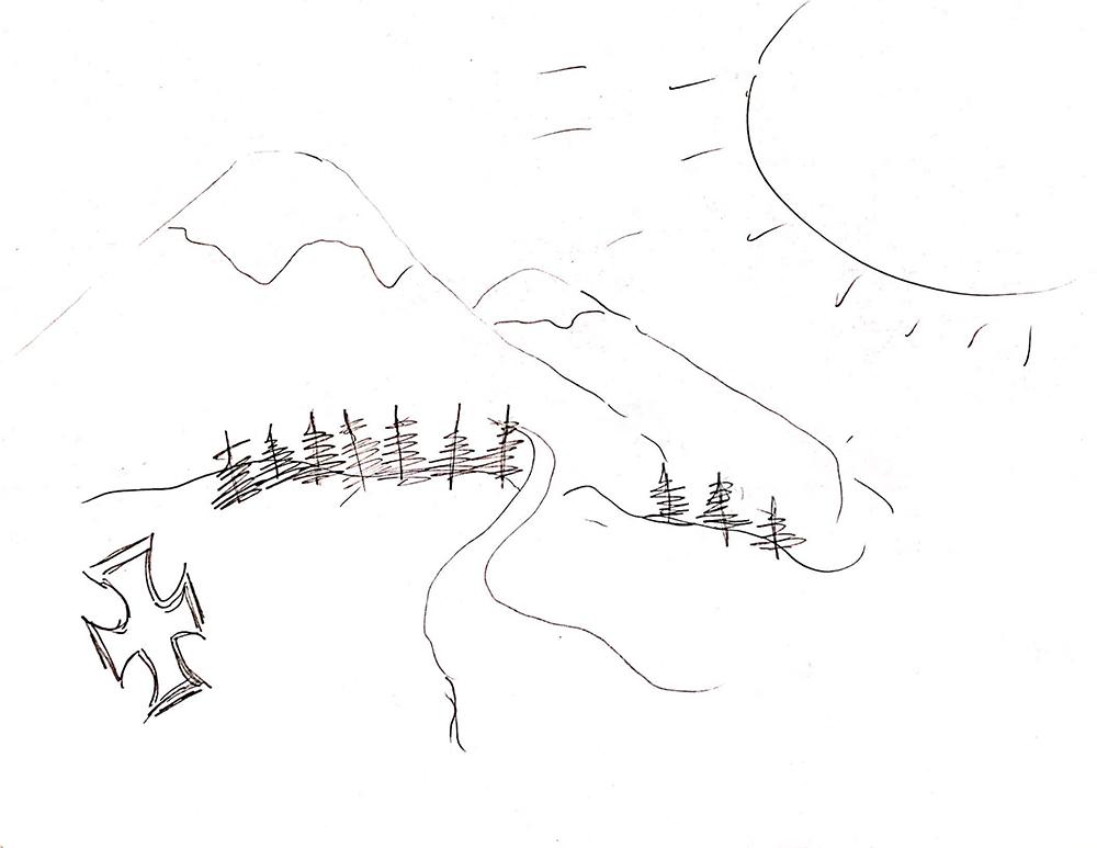 Drawing of mountains, sun, and cross